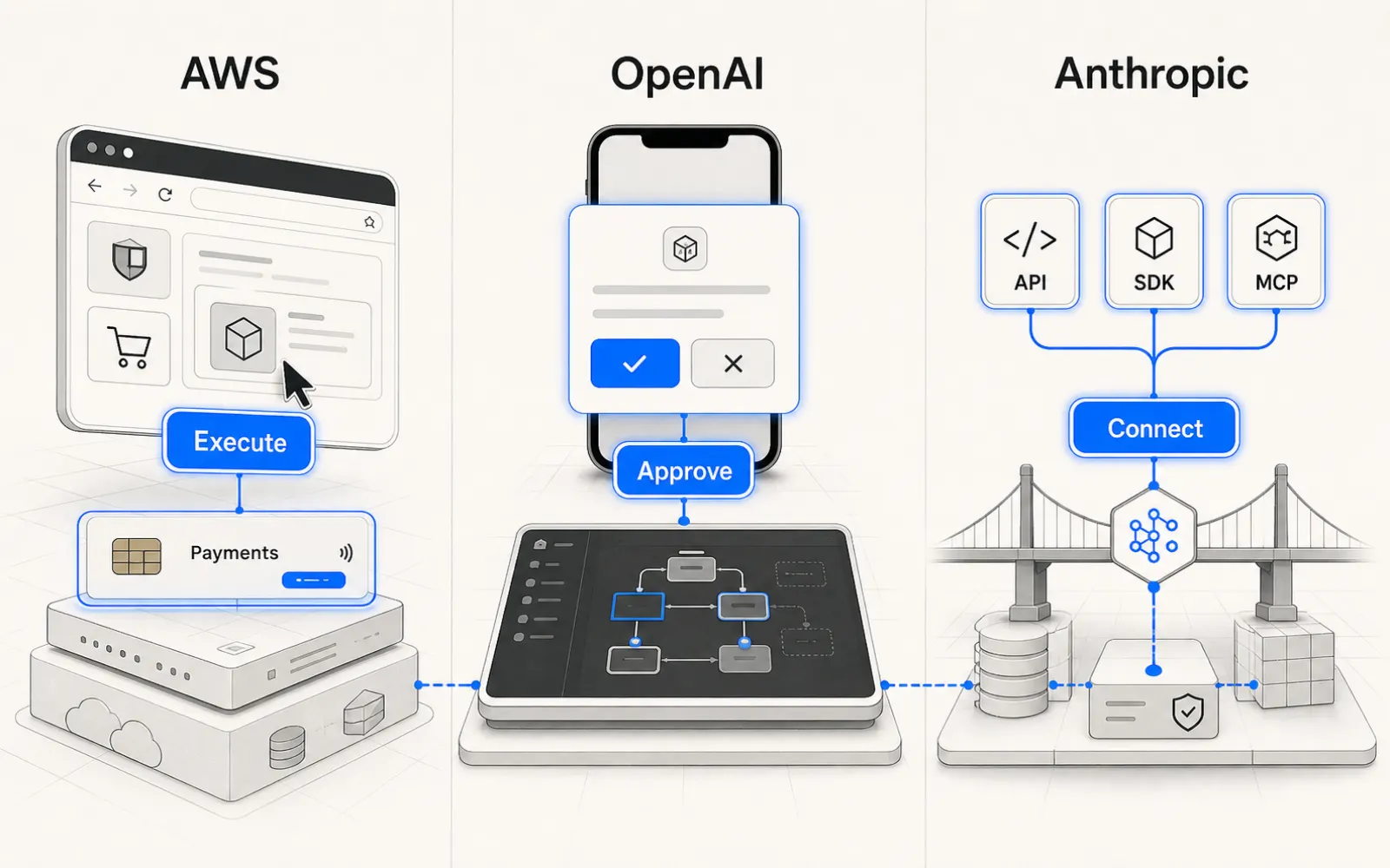 三欄式代理人基礎設施控制點對照圖，分別標示執行層（AWS）、監督層（OpenAI）、連接層（Anthropic）