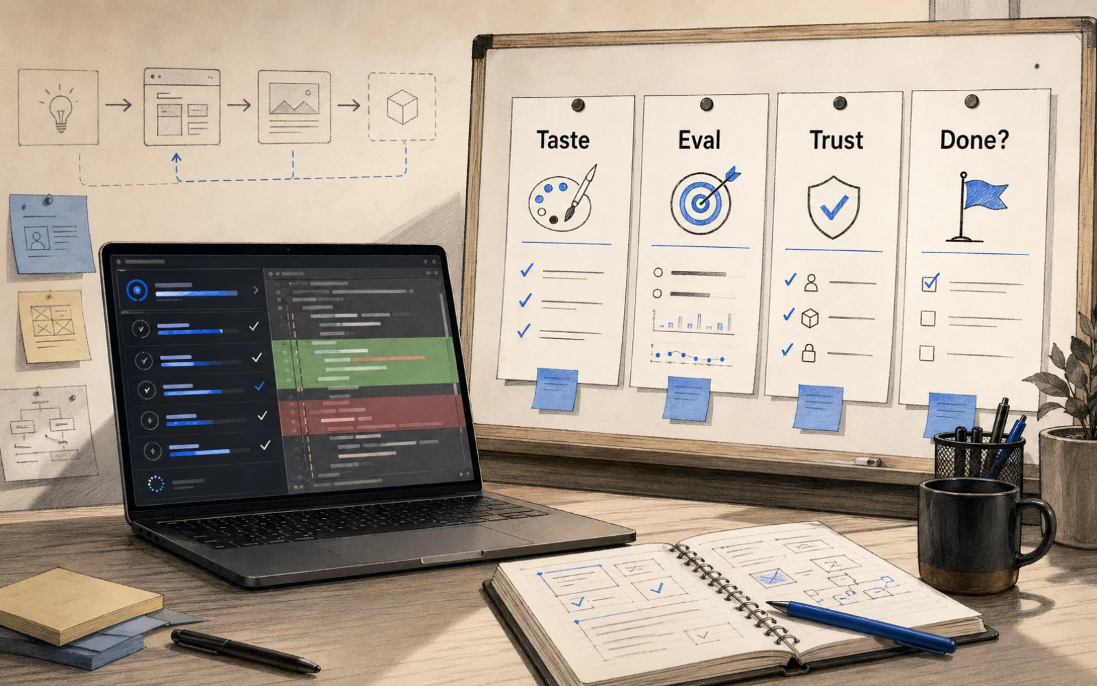 產品經理工作桌概念圖，AI coding agent 生成程式碼，旁邊的產品評審板標示 Taste、Eval、Trust 和 Done