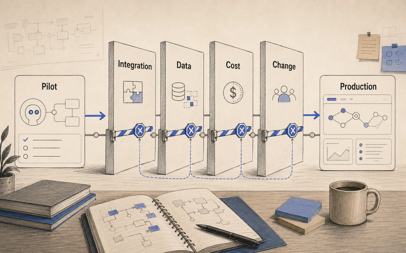 企業 agent 導入看板，從 pilot 流向 production，中間標示 Integration、Data、Cost、Change 四個阻礙