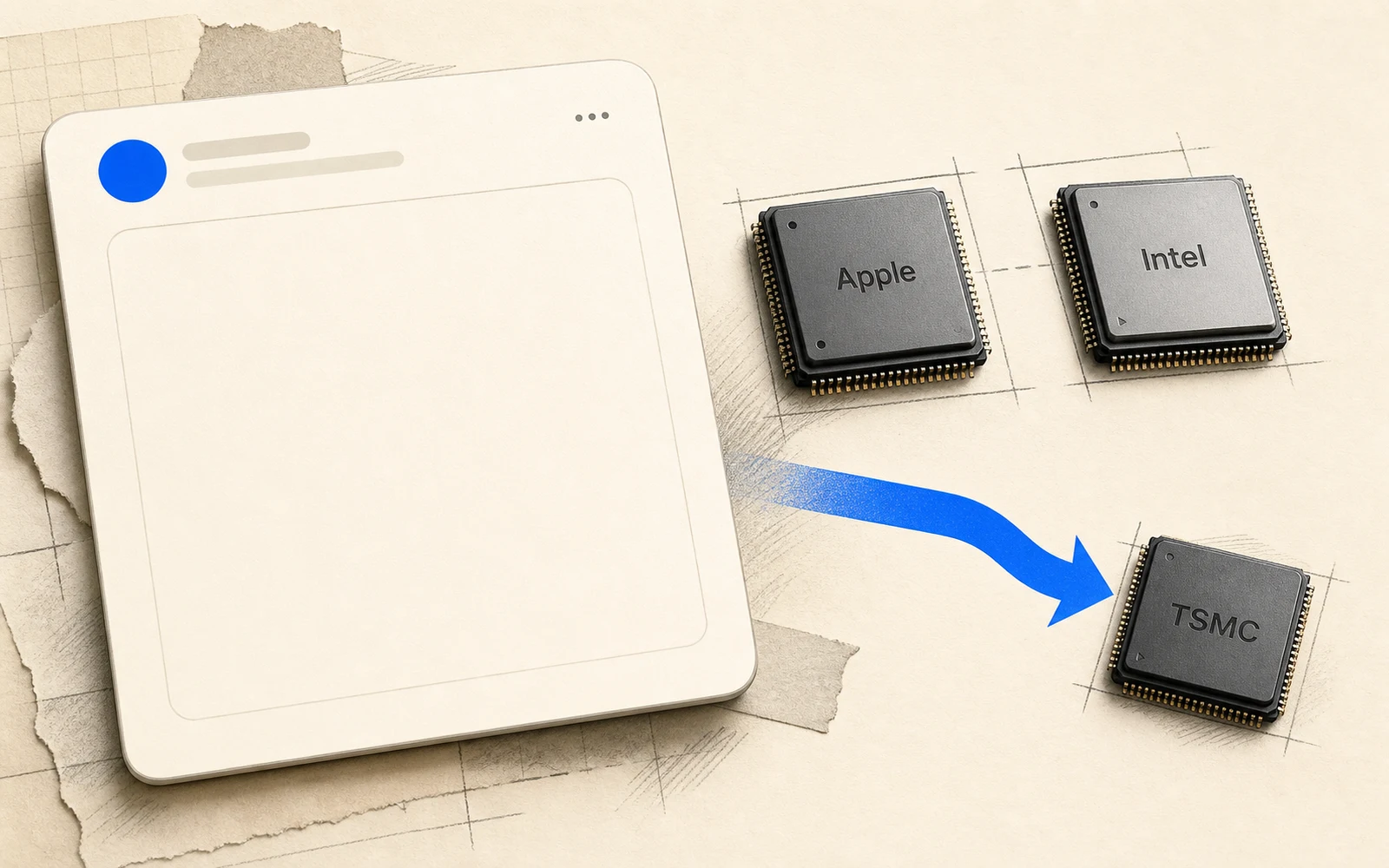 一張代表公告的卡片旁，Apple 與 Intel 兩枚晶片並置，第三枚代表台積電代工的晶片被一條分流箭頭往旁帶開