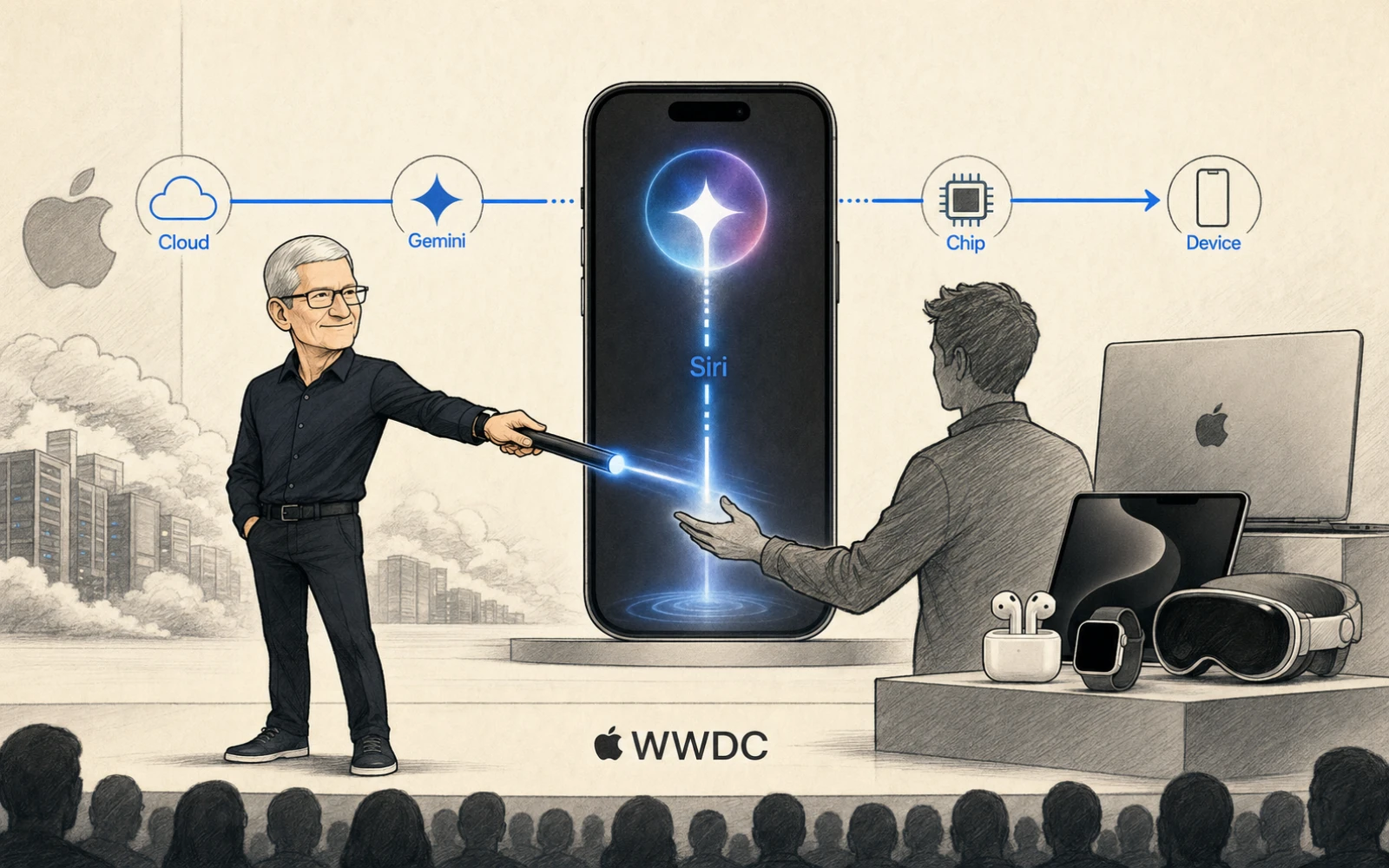 iPhone 的 Siri 入口連接 Apple Silicon、裝置群與遠方雲端 AI 基礎設施，呈現 Apple 把 AI 戰場拉回裝置端