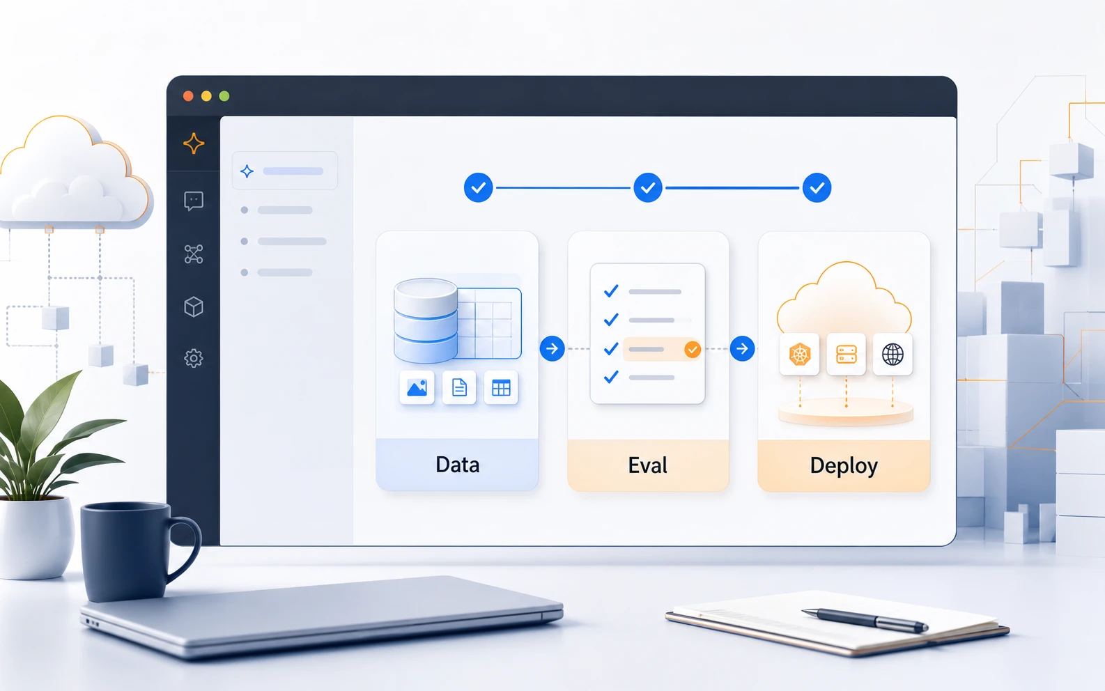 IDE 裡的 AI 代理人將 Data、Eval、Deploy 三個模型客製化步驟整理成可審查工作產物