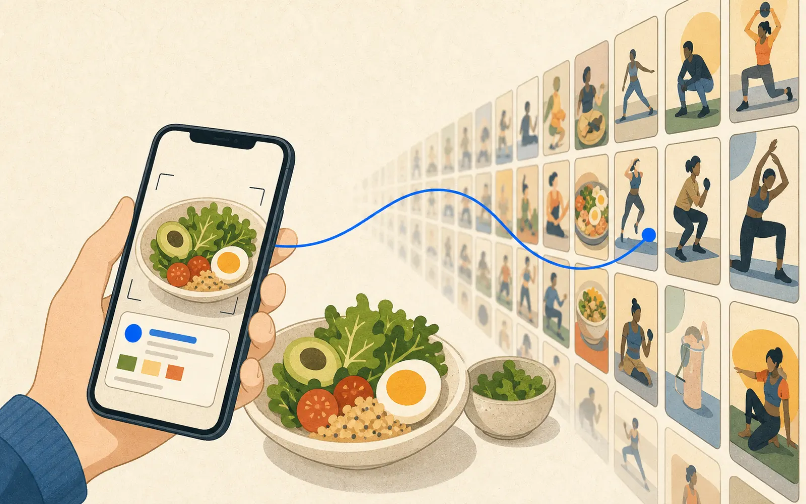 一支手機鏡頭對準食物顯示卡路里估算介面，背後是多格短影音縮圖牆，暗示成長引擎是網紅內容機器