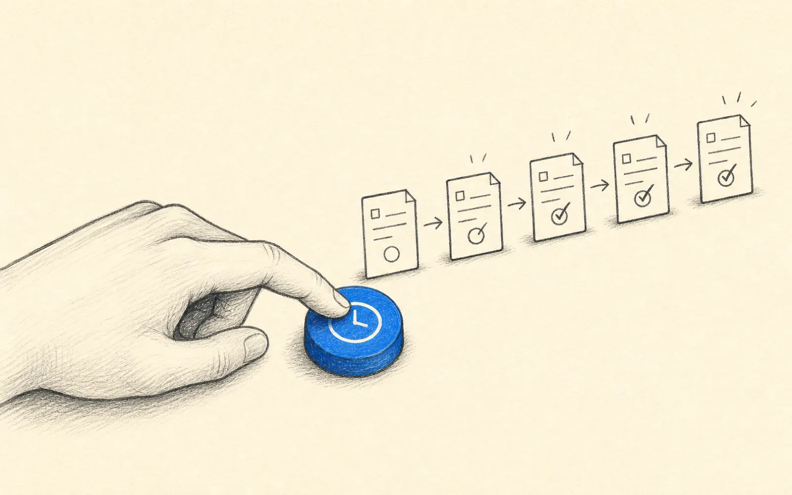 一隻手按下一個藍色的排程按鈕,旁邊一排重複的每週任務卡自動依序打勾完成