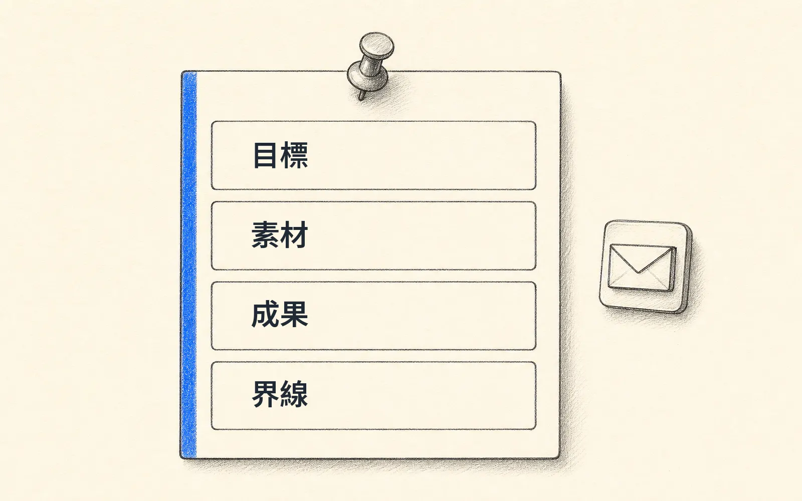 一張指令卡分成四個區塊:目標、素材、成果、界線,釘在紙上,左緣有藍色標記