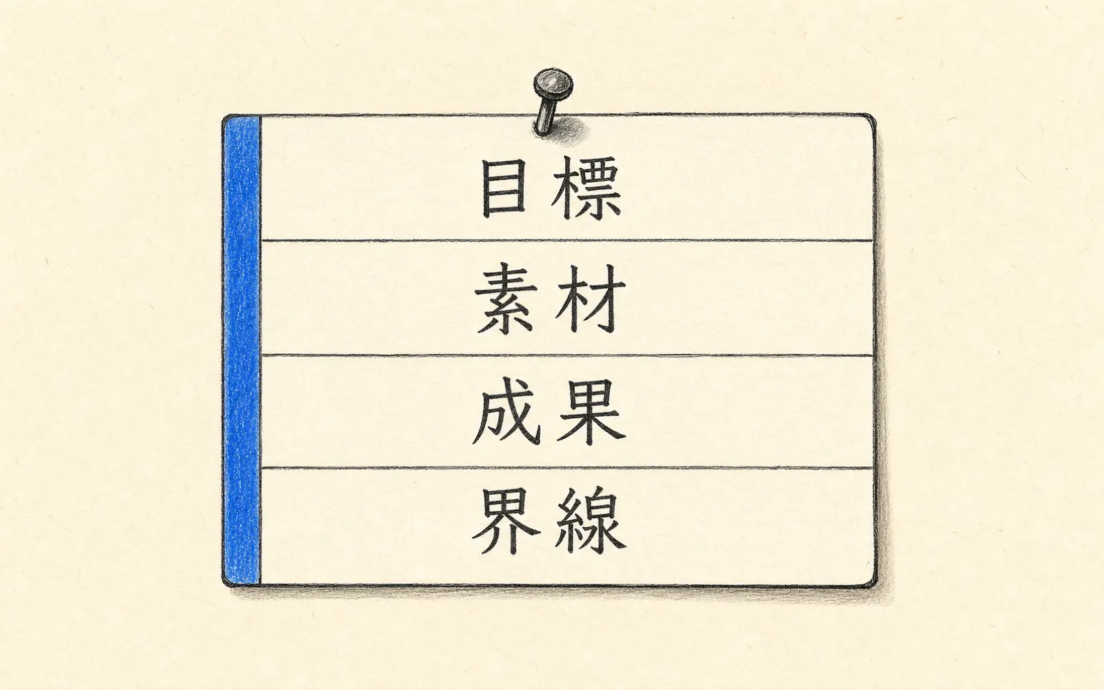 釘在紙上的索引卡,分成四個區塊:目標、素材、成果、界線,左緣有藍色標記