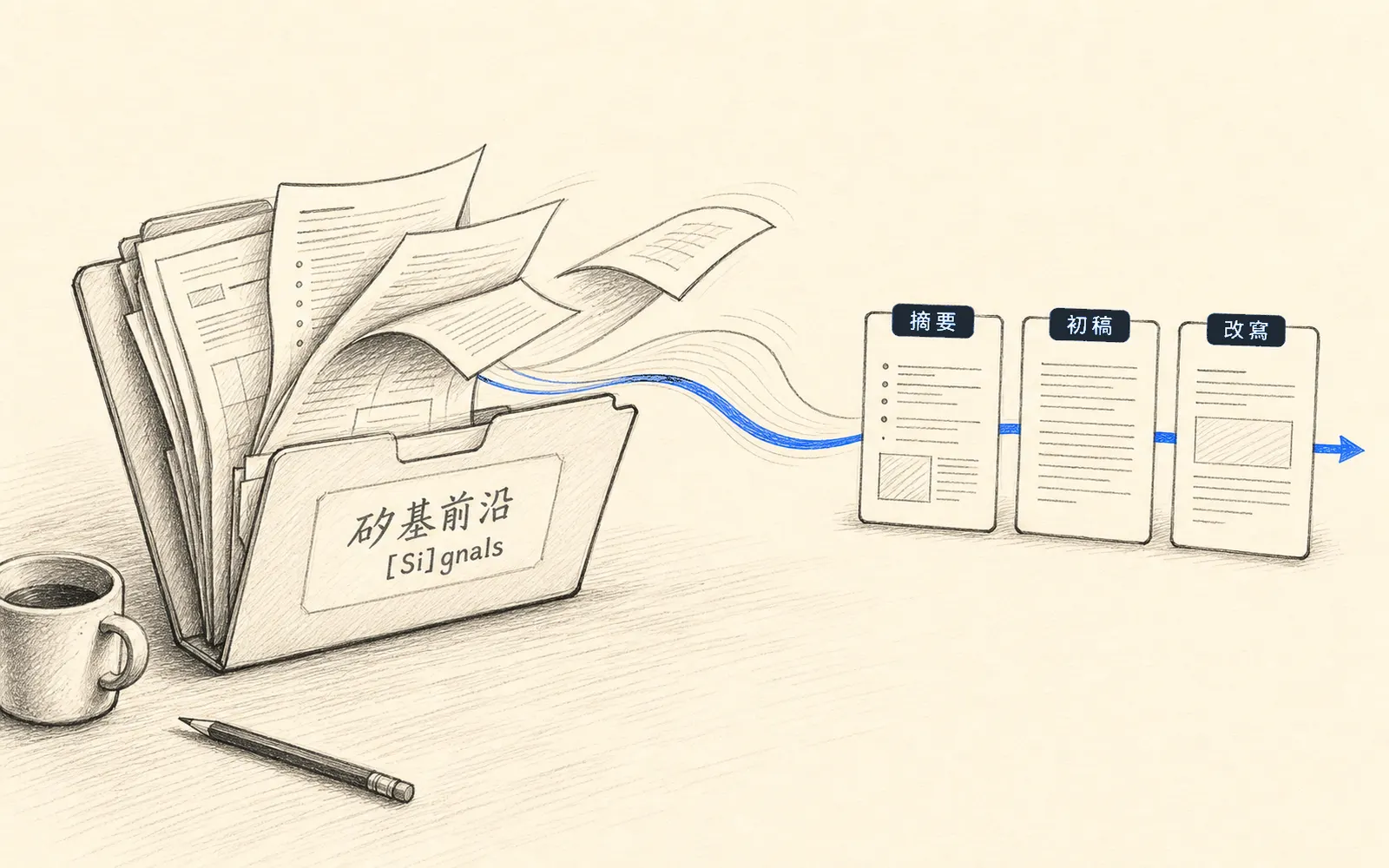 標著「矽基前沿」的資料夾,頁面流向右側三張輸出卡:摘要、初稿、改寫,藍色流線串起