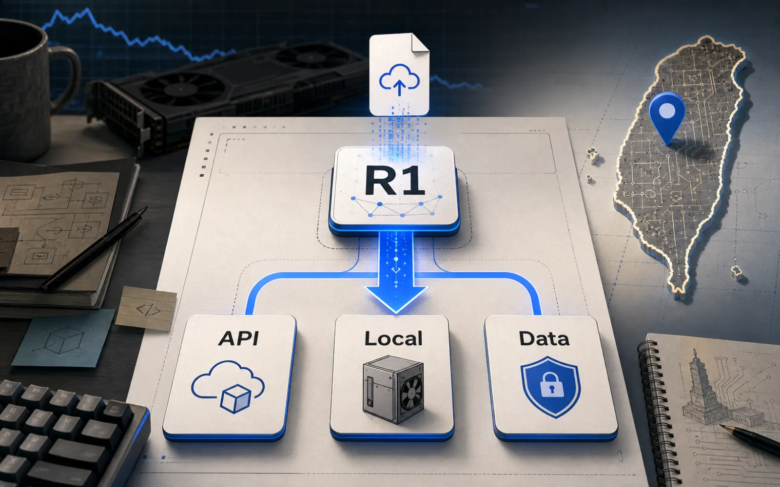 一個概念化開發者部署控制台，中央的 DeepSeek R1 模型方塊帶著向下的成本箭頭，分出 API、本地部署與資料邊界三條決策路徑，背景有淡化的 GPU 與市場線條