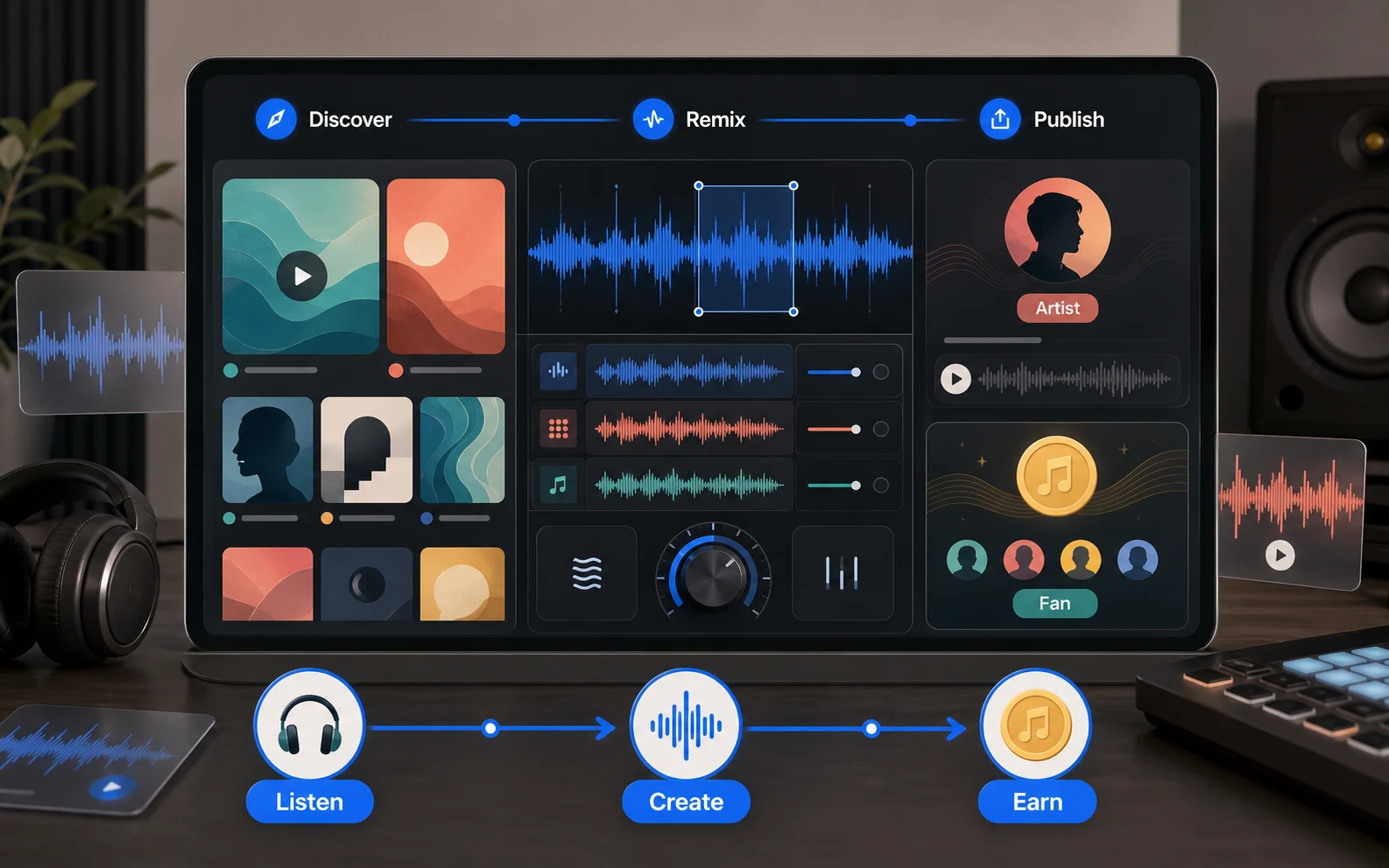 概念音樂 App 介面把 Discover、Remix、Publish 和 Earn 串成 AI 音樂平台路徑