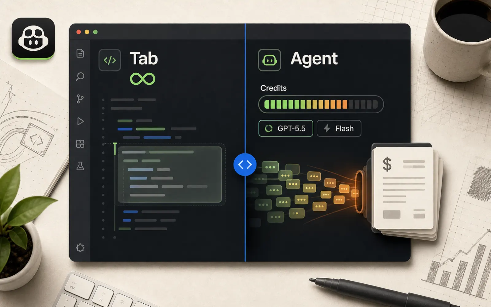 GitHub Copilot 計費概念圖：Tab 補全路徑標示無限供應，agent mode 路徑接上 AI Credit 計量表與上升的帳單曲線