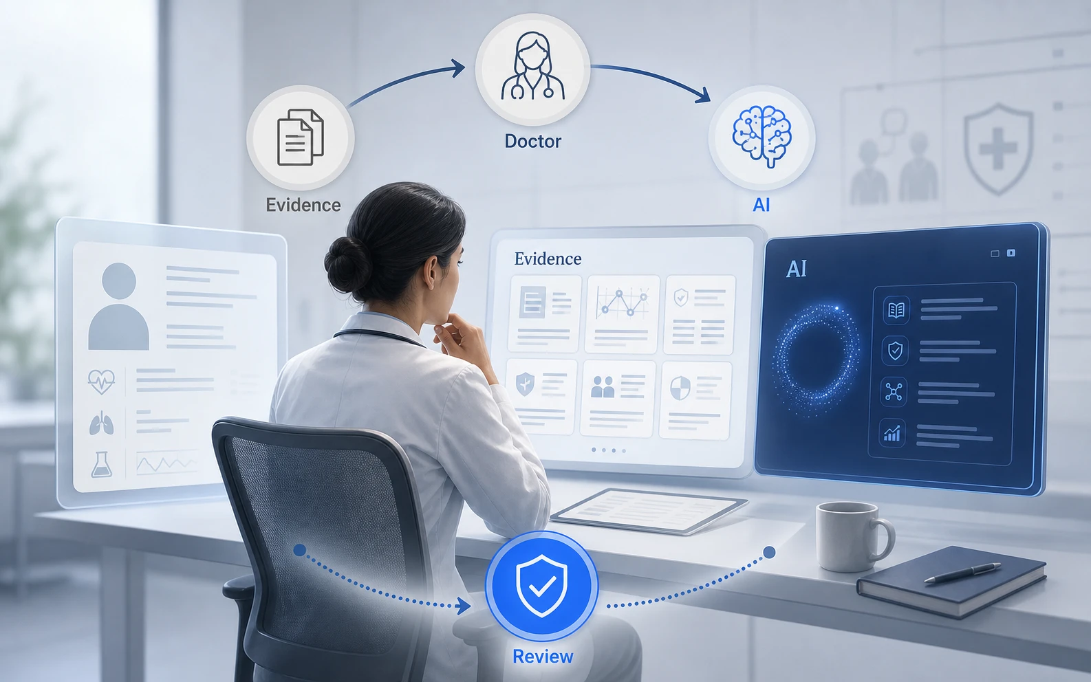 醫師在臨床工作台上審查 AI 提供的 Evidence、AI 與 Review 卡片