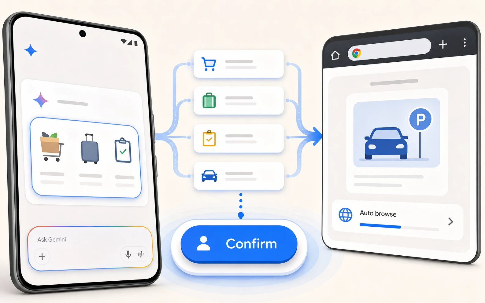 Android 手機與 Chrome 瀏覽器中的 Gemini 代理任務卡停在確認閘門前的編輯型示意圖