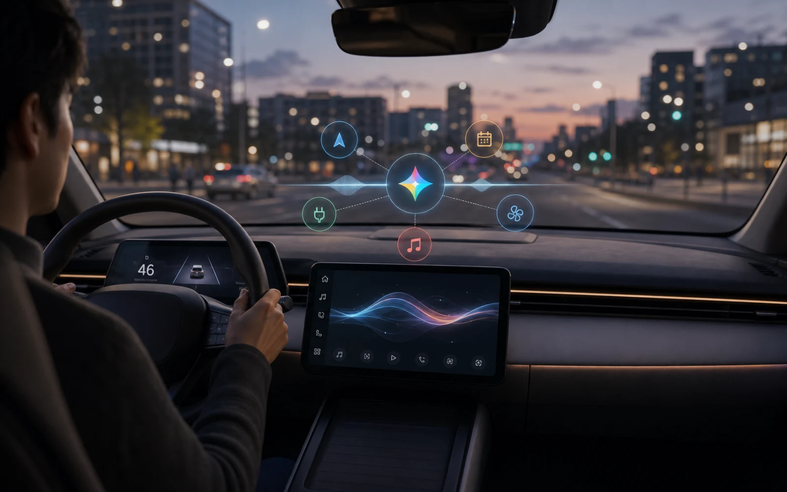 車內中控螢幕上有 Gemini 語音層，連接導航、訊息、車主手冊、EV 電量與空調設定；畫面外是道路，強調少分心與語音優先。
