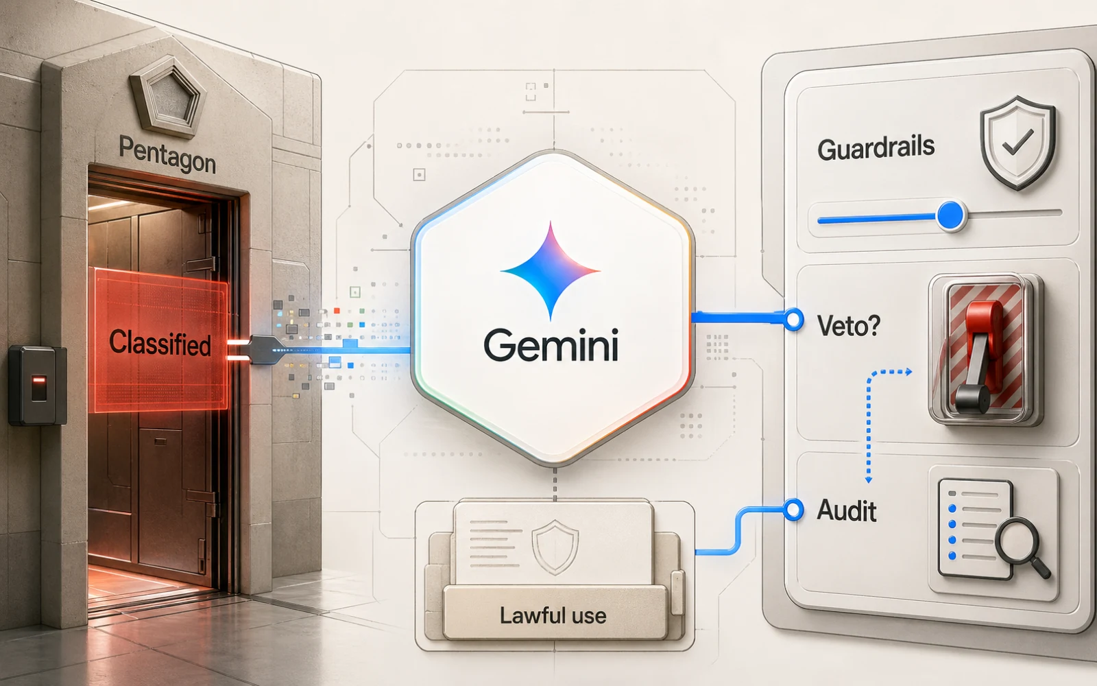 Gemini 模型節點進入 Pentagon classified 控制台，旁邊有護欄、否決和審計控制點