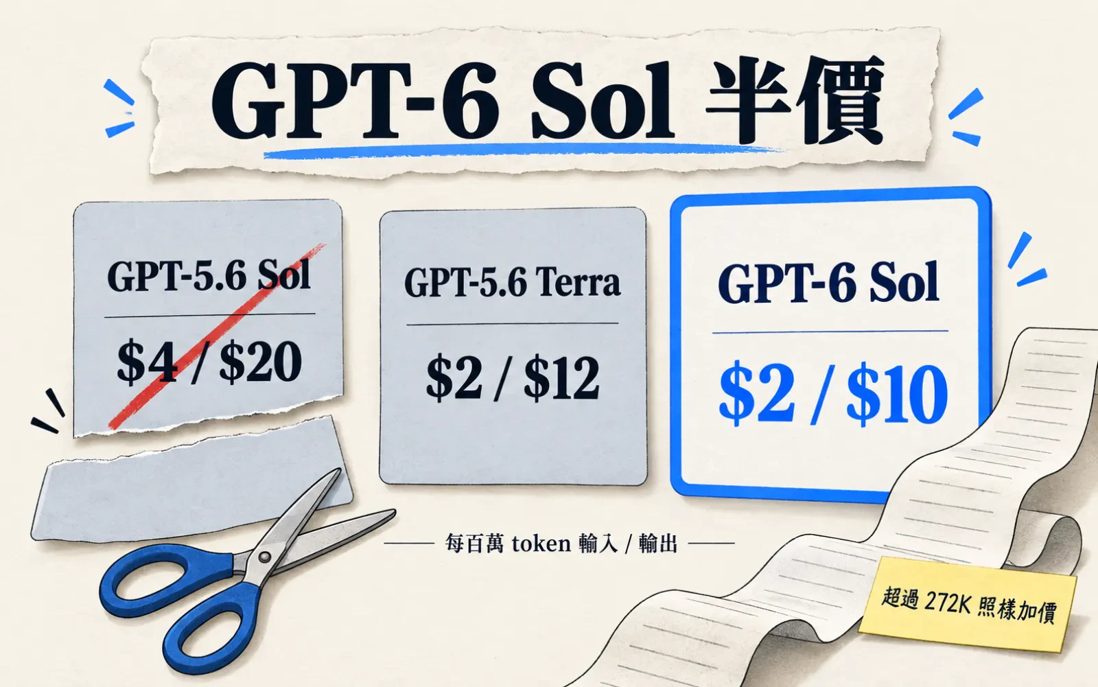 價目卡對比圖:暖色紙底,標題「GPT-6 Sol 半價」。三張價目卡並排:GPT-5.6 Sol「$4 / $20」被紅線劃掉、GPT-5.6 Terra「$2 / $12」灰色、GPT-6 Sol「$2 / $10」藍框最大;下方註明每百萬 token 輸入/輸出,角落便利貼寫「超過 272K 照樣加價」。