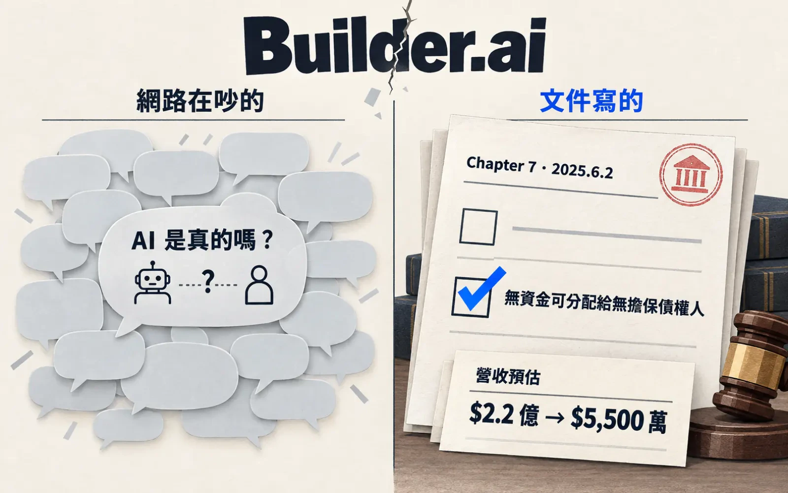 對比圖:左邊是網路在吵的「AI 是真的嗎?」,右邊是 Builder.ai 破產聲請書勾選「無資金可分配給無擔保債權人」與營收預估 2.2 億美元改成 5,500 萬美元