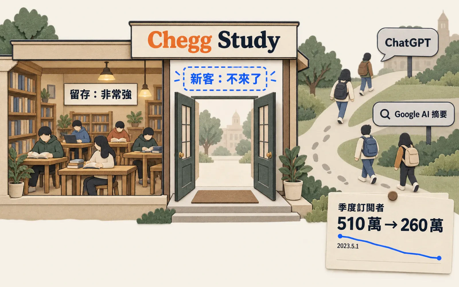 紙雕插畫:一間招牌寫「Chegg Study」的自習室剖面,屋裡學生安坐讀書、標籤「留存:非常強」;敞開的店門口空無一人,Signal Blue 虛線框標「新客:不來了」;門外小路分岔,學生背對店門走向「ChatGPT」對話泡泡與「Google AI 摘要」搜尋框兩塊告示牌;右下角帳本卡「季度訂閱者 510 萬 → 260 萬」,折線起點標 2023.5.1。