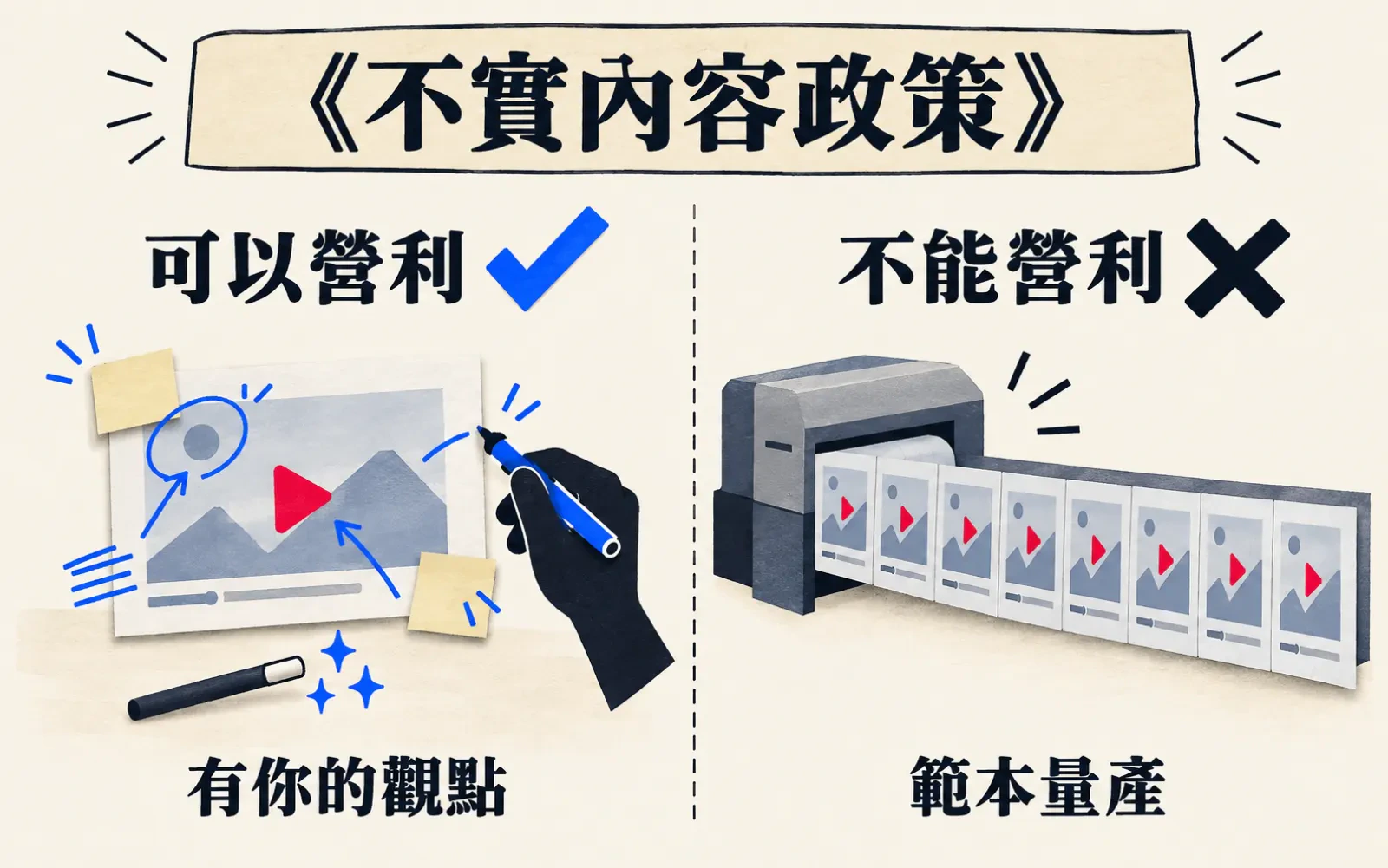 資訊圖:暖色紙底。上方橫幅大字「《不實內容政策》」,下分左右兩欄。左欄「可以營利」配藍色勾:一隻手拿筆在影片縮圖上畫圈、加箭頭、貼便利貼,桌上放著一支魔法棒,下方寫「有你的觀點」。右欄「不能營利」配黑色叉:一台印刷機吐出八張一模一樣的影片縮圖,下方寫「範本量產」。