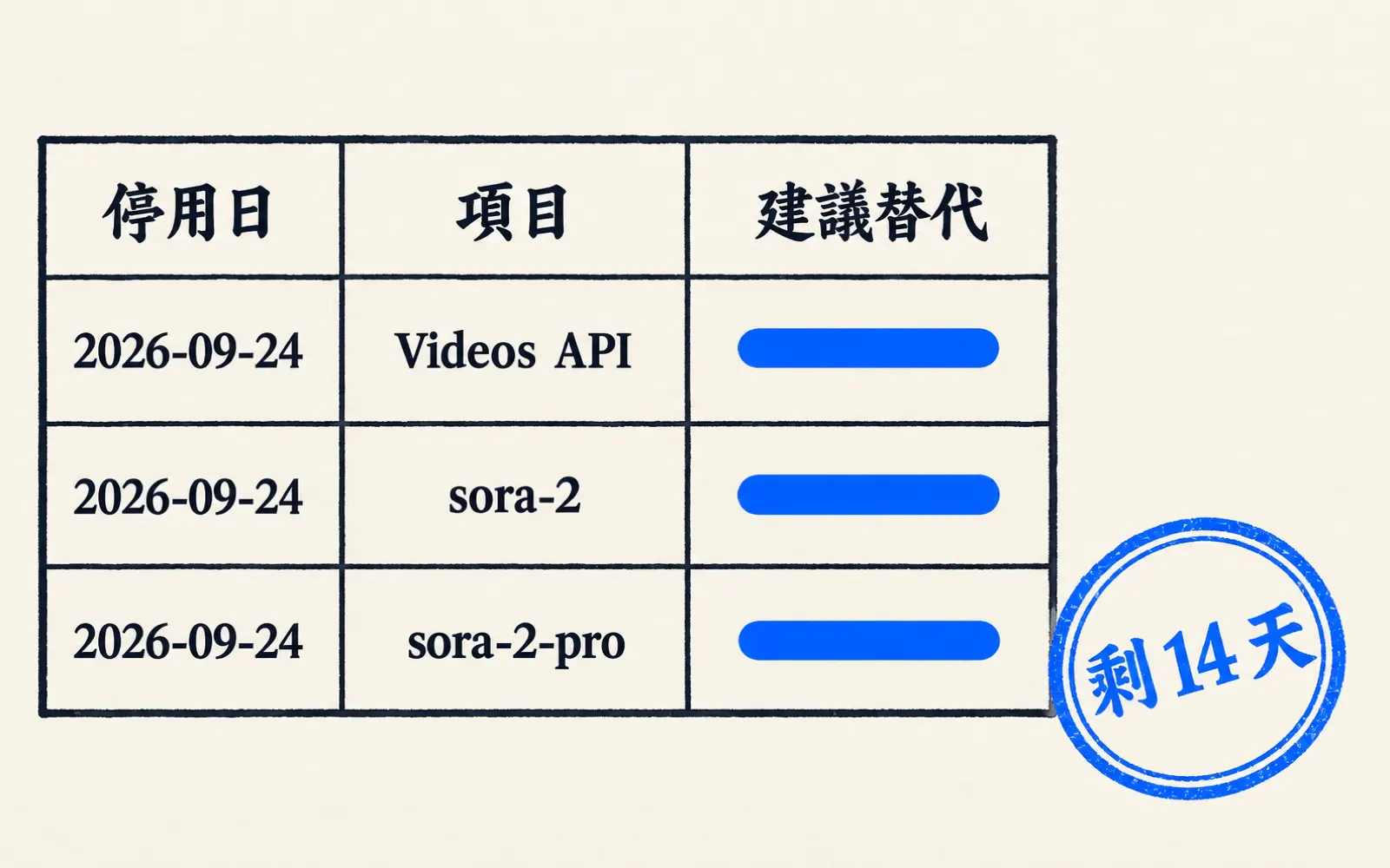 手繪風淘汰表插畫：三列項目 Videos API、sora-2、sora-2-pro，停用日全是 2026-09-24，建議替代欄三格都只有一條藍色橫槓，右下角圓形印章寫「剩 14 天」