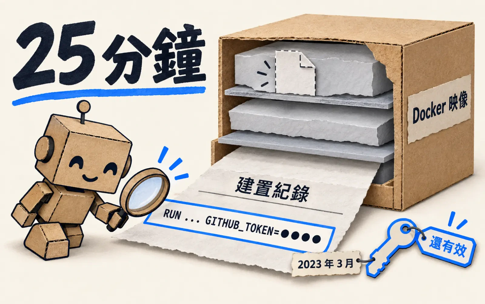 資訊圖:暖色紙底。左側大字「25 分鐘」,一個紙板小機器人拿著放大鏡。右側剖開的紙箱標「Docker 映像」,一層層紙片中抽出一條「建置紀錄」紙條,上面寫「RUN ... GITHUB_TOKEN=●●●●」並以藍框標出;旁邊日期標籤「2023 年 3 月」與一把藍邊紙鑰匙,掛牌寫「還有效」。