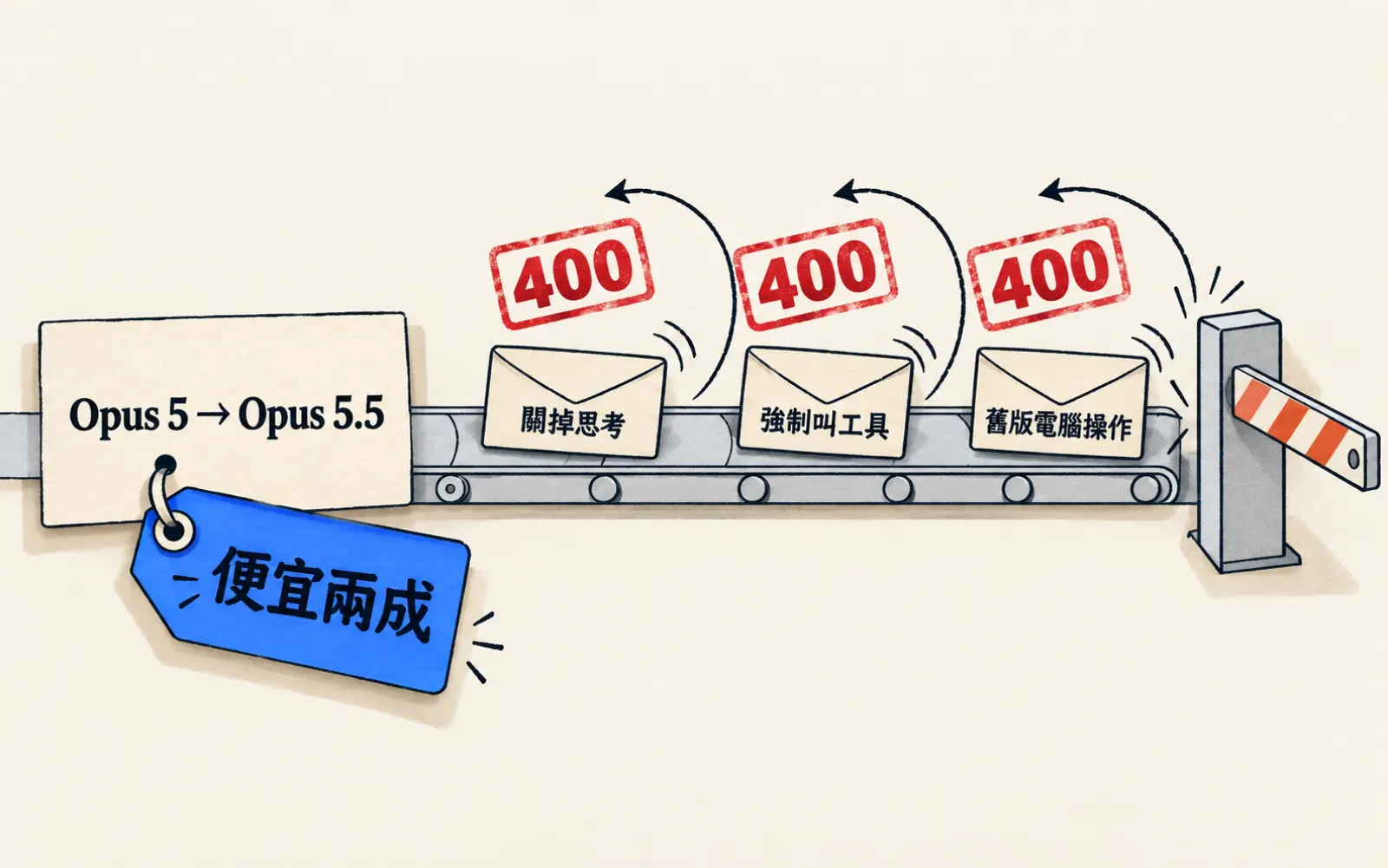 流程圖:暖色紙底,左側紙卡寫「Opus 5 → Opus 5.5」,藍色價格標籤「便宜兩成」。一條管線上三個請求信封分別標「關掉思考」「強制叫工具」「舊版電腦操作」,在右端閘門被彈回,各蓋一枚紅色「400」印章。