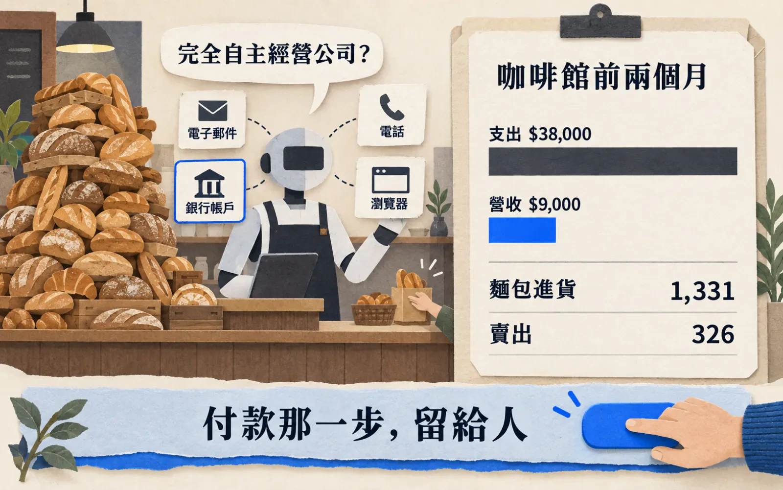 資訊圖:暖色紙底。左側咖啡館櫃台後站著一個紙片風格的代理角色,頭上對話框「完全自主經營公司?」,身邊四張工具卡「電子郵件」「電話」「銀行帳戶」(藍框強調)「瀏覽器」;櫃台邊堆著一座麵包山,只有一小籃被買走。右側帳本卡標題「咖啡館前兩個月」,長黑條「支出 $38,000」、短藍條「營收 $9,000」,下列「麵包進貨 1,331」「賣出 326」。底部藍色紙帶寫「付款那一步,留給人」,一隻人手按在付款按鈕上。