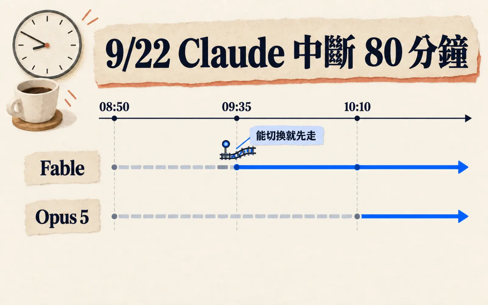 時間線圖:暖色紙底,標題「9/22 Claude 中斷 80 分鐘」。時間軸標 08:50、09:35、10:10;「Fable」泳道在 09:35 前由灰色斷線轉為藍色實線,旁有轉轍器標註「能切換就先走」;「Opus 5」泳道斷線一路到 10:10 才恢復。