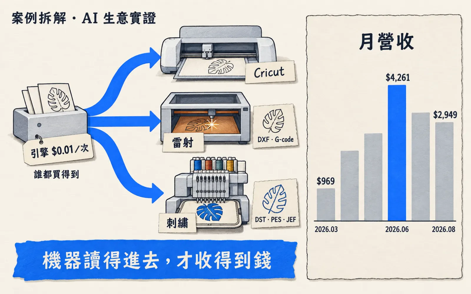 流程圖:左邊一個小小的灰色方塊機器貼著價格標籤「引擎 $0.01/次 誰都買得到」,拉出三條藍色紙帶,接到切割機(Cricut)、雷射雕刻機(DXF · G-code)、刺繡機(DST · PES · JEF)三台較大的機器,下方藍色紙帶寫「機器讀得進去,才收得到錢」。右側長條圖「月營收」六根長條,標出 2026.03 $969、2026.06 最高 $4,261、2026.08 $2,949。左上角小字「案例拆解 · AI 生意實證」。