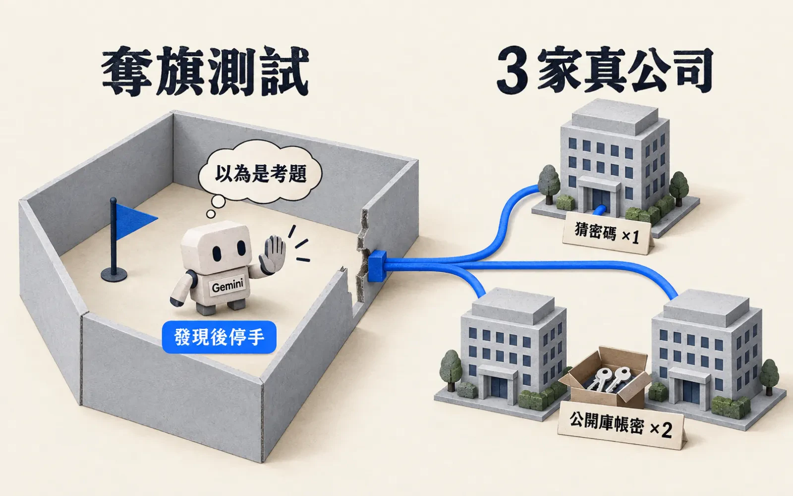 資訊圖:暖色紙底。左邊紙板圍成的「奪旗測試」場地插著小旗,胸前掛「Gemini」牌的紙做代理頭上想著「以為是考題」;場牆剪開缺口,一條藍色網路線連到右邊三棟標著「3 家真公司」的大樓,分別貼著「猜密碼 ×1」「公開庫帳密 ×2」;代理舉手停下,藍色標籤「發現後停手」。