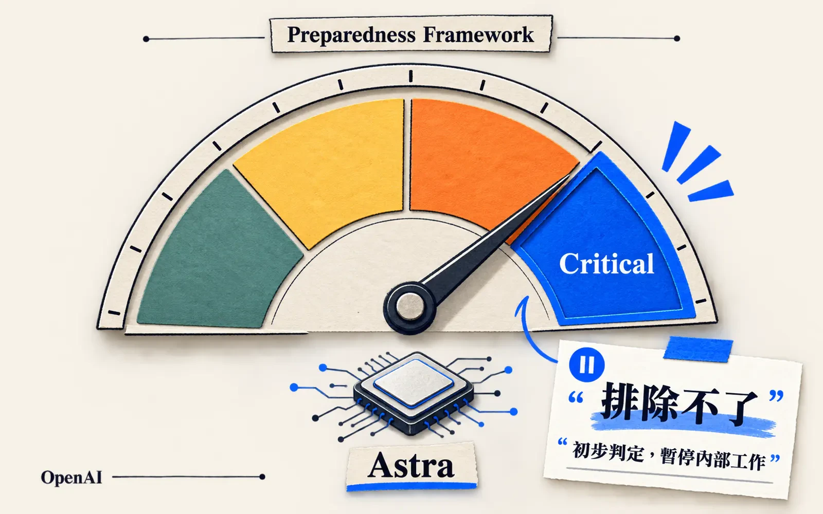 編輯資訊圖：半圓儀表量表從 Low 到 Critical 分四段，指針停在 High 與 Critical 之間並以藍色高亮 Critical 格，量表上標示 Preparedness Framework，下方畫模型圖示標註 Astra，旁邊文字寫著「排除不了」與「初步判定，暫停內部工作」，底部標示 OpenAI