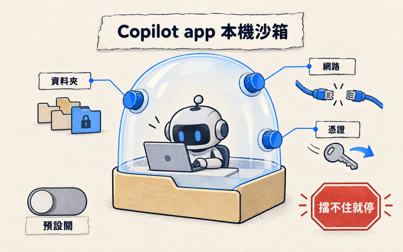 標註場景圖:暖色紙底,標題「Copilot app 本機沙箱」。坐在筆電前的小機器人代理被透明罩子罩住,罩上三個藍色旋鈕標「資料夾」「網路」「憑證」,旁有上鎖資料夾、剪斷的網路線與被拿走的鑰匙;左下開關在關的位置標「預設關」,右下紅色停止牌標「擋不住就停」。