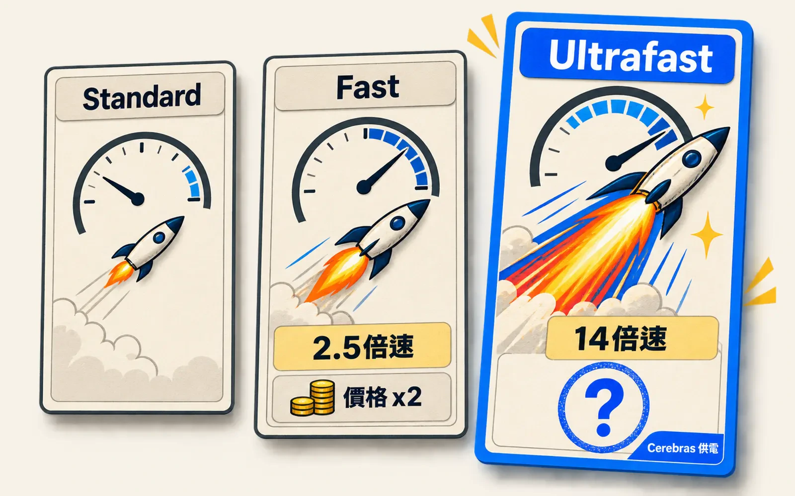 編輯資訊圖：三張並排卡片代表 Standard、Fast、Ultrafast 三個速度檔，速度尾焰依序變長，Ultrafast 卡片的價格標籤蓋著問號圖章，底部標「Cerebras 供電」