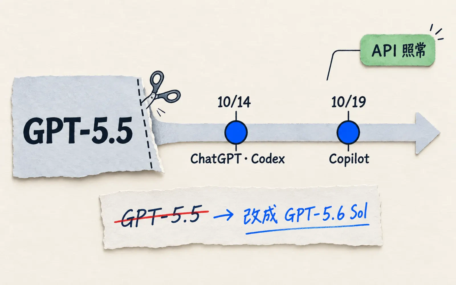 資訊圖:暖色紙底。左邊一張寫著「GPT-5.5」、邊緣被剪開一半的紙卡,接一條橫向時間線,兩個藍點分別標「10/14 ChatGPT・Codex」與「10/19 Copilot」;下方設定紙片上「GPT-5.5」被劃掉,旁邊手寫「改成 GPT-5.6 Sol」;右上角綠色徽章「API 照常」。
