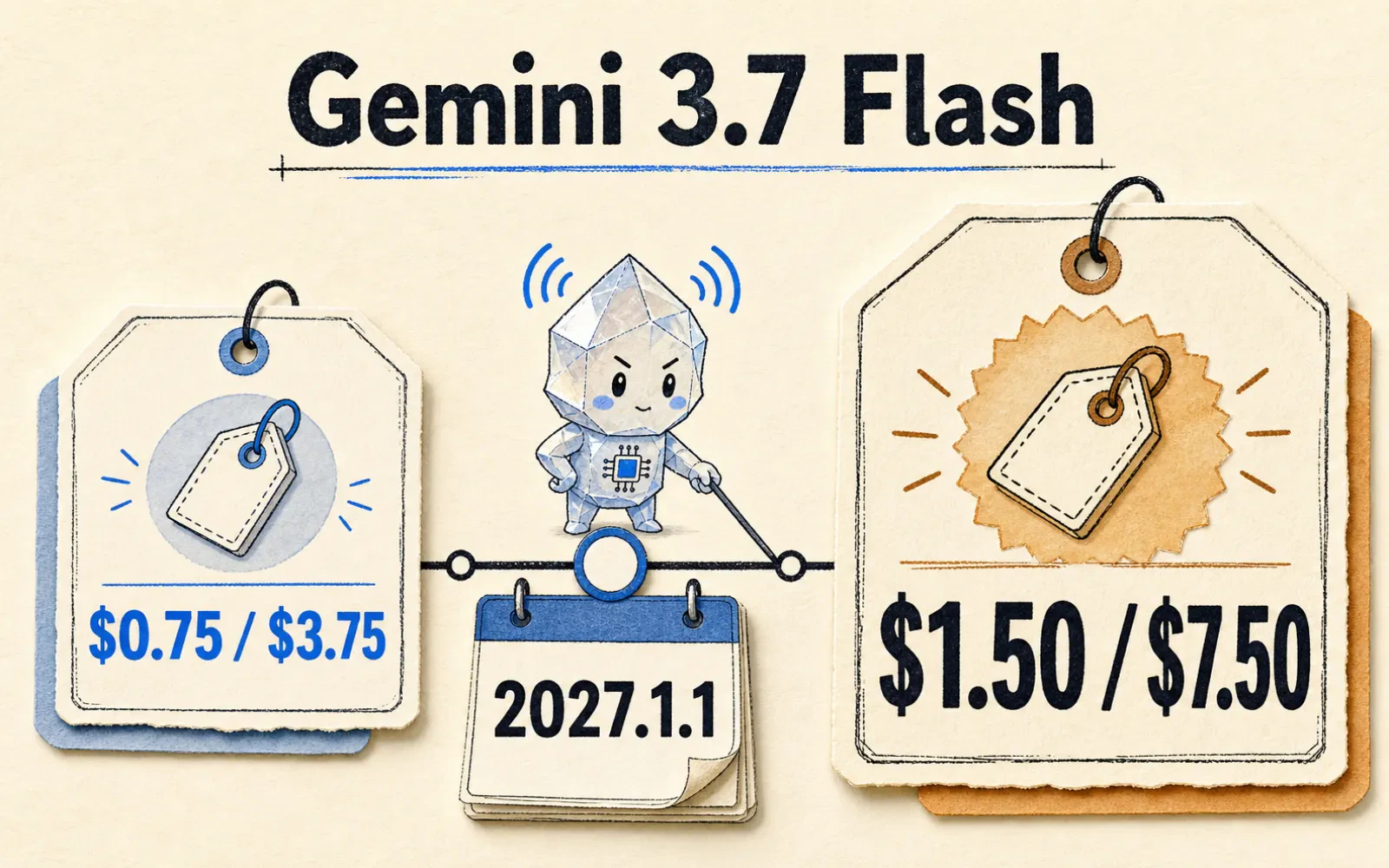 Gemini 3.7 Flash 定價示意圖:現在 input 0.75 美元、output 3.75 美元,2027 年 1 月 1 日起翻倍為 1.50 美元與 7.50 美元