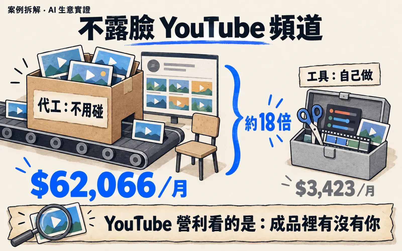 對比圖:左邊一個大紙箱被傳送帶自動送出做好的影片卡、直接接到頻道面板,旁邊一張空椅子,標「代工:不用碰」與大字「$62,066/月」;右邊一個小工具箱裝著剪輯工具,標「工具:自己做」與「$3,423/月」;中間寫「約 18 倍」。底部紙帶「YouTube 營利看的是:成品裡有沒有你」,左端放大鏡檢視一張影片卡。左上角小字「案例拆解 · AI 生意實證」。