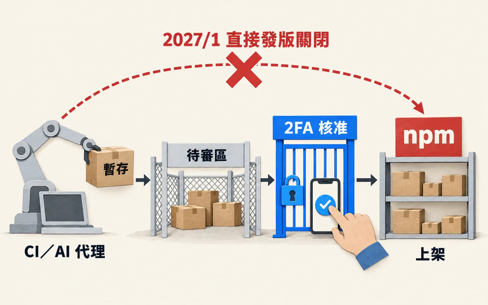 流程圖:暖色紙底。左邊「CI/AI 代理」機器手臂把貼著「暫存」的包裹送進「待審區」,經過藍色閘門「2FA 核准」、由一隻手按手機核准後,才到紅色「npm」貨架「上架」;上方一條直接飛向貨架的虛線被紅叉截斷,標註「2027/1 直接發版關閉」。