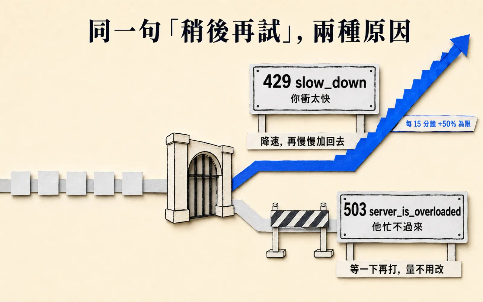 資訊圖:上方大標「同一句「稍後再試」,兩種原因」;左側一條請求管線撞上閘門後分成上下兩條岔路。上岔路路牌寫「429 slow_down」與「你衝太快」,下方一行「降速,再慢慢加回去」,坡邊一枚藍色標籤寫「每 15 分鐘 +50% 為限」;下岔路路牌寫「503 server_is_overloaded」與「他忙不過來」,下方一行「等一下再打,量不用改」。