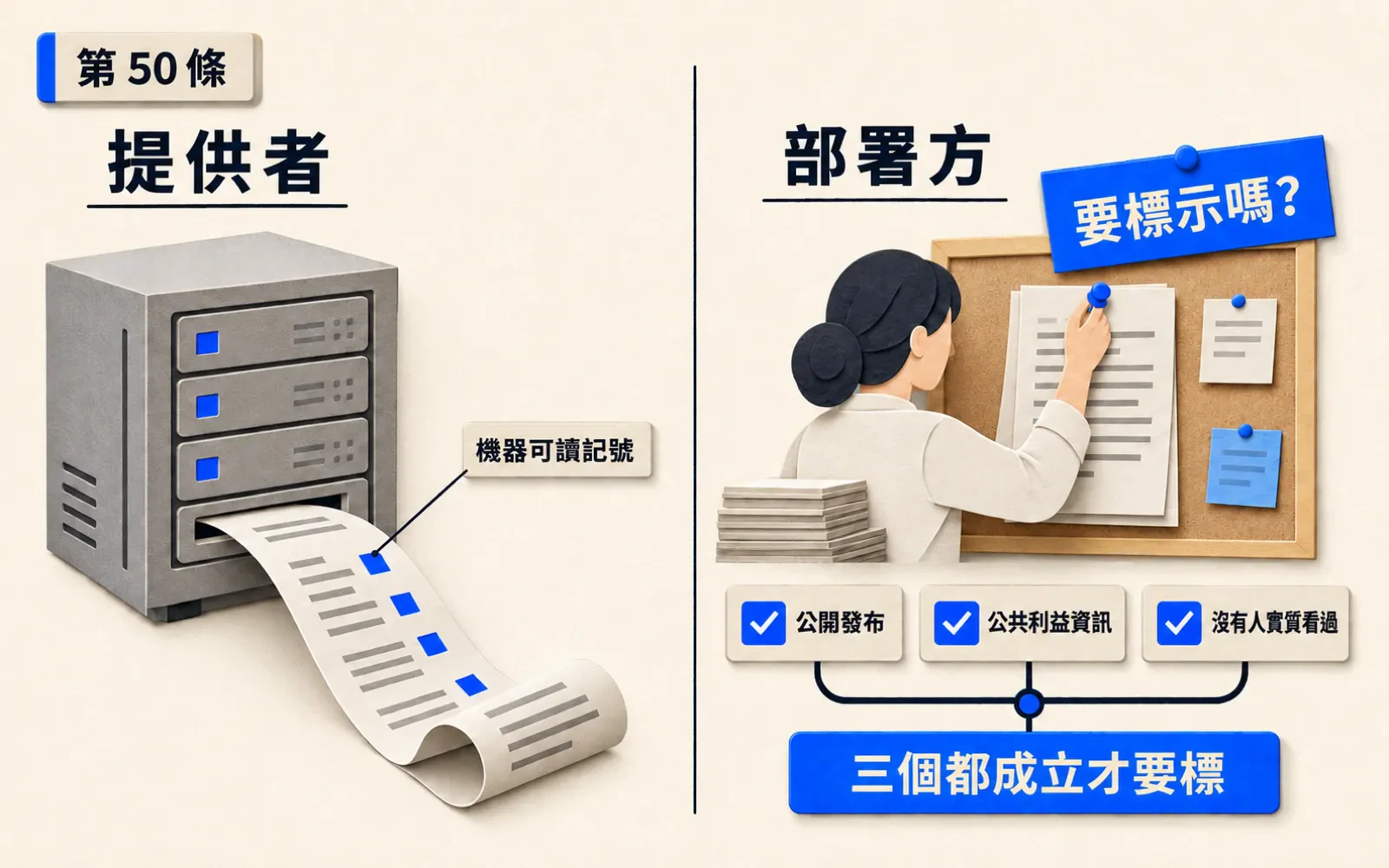 資訊圖:暖紙底,垂直墨線把畫面切成左右兩欄。左欄標「提供者」,紙雕伺服器機箱吐出一條印著整齊藍色小方點的紙帶,旁標「機器可讀記號」。右欄標「部署方」,剪紙人形把一張稿紙貼上公告板,稿紙上方藍色問號牌寫「要標示嗎?」。右欄下方三個勾選格依序寫「公開發布」「公共利益資訊」「沒有人實質看過」,下方藍色橫幅寫「三個都成立才要標」。左上角小標「第 50 條」。