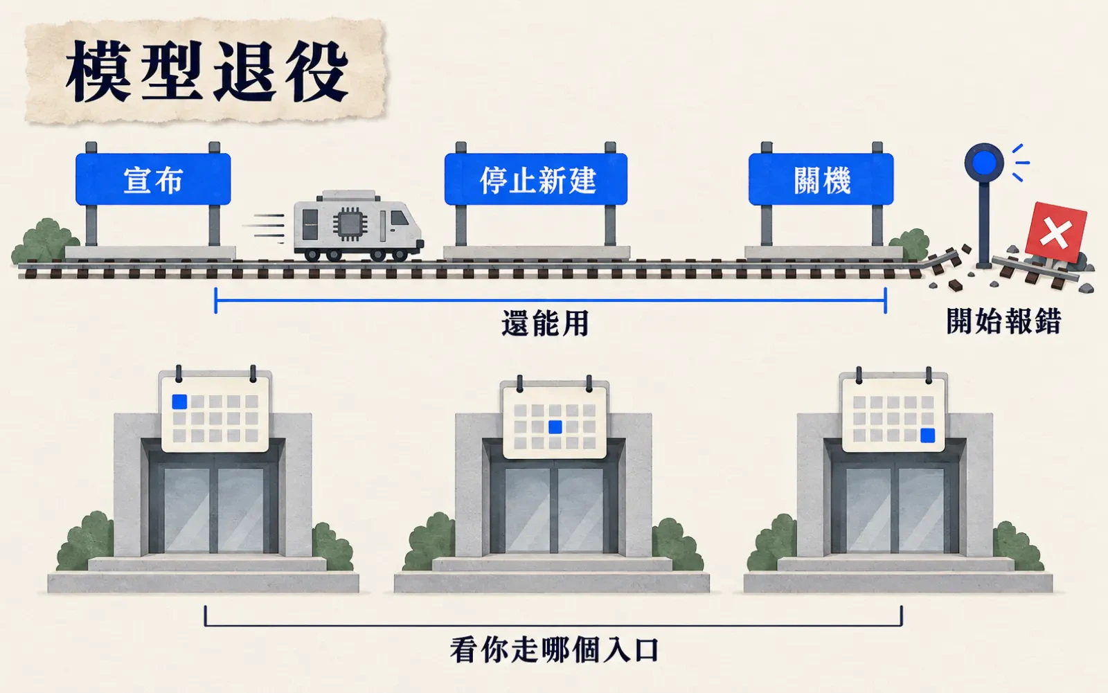 資訊圖：暖色紙底，標題「模型退役」。鐵軌時間線上三個站牌「宣布」「停止新建」「關機」；前兩站間列車照常行駛，標「還能用」；關機站後軌道斷開、出現停止號誌與錯誤卡，標「開始報錯」；下方三個月台入口掛著不同日期的日曆，標「看你走哪個入口」。