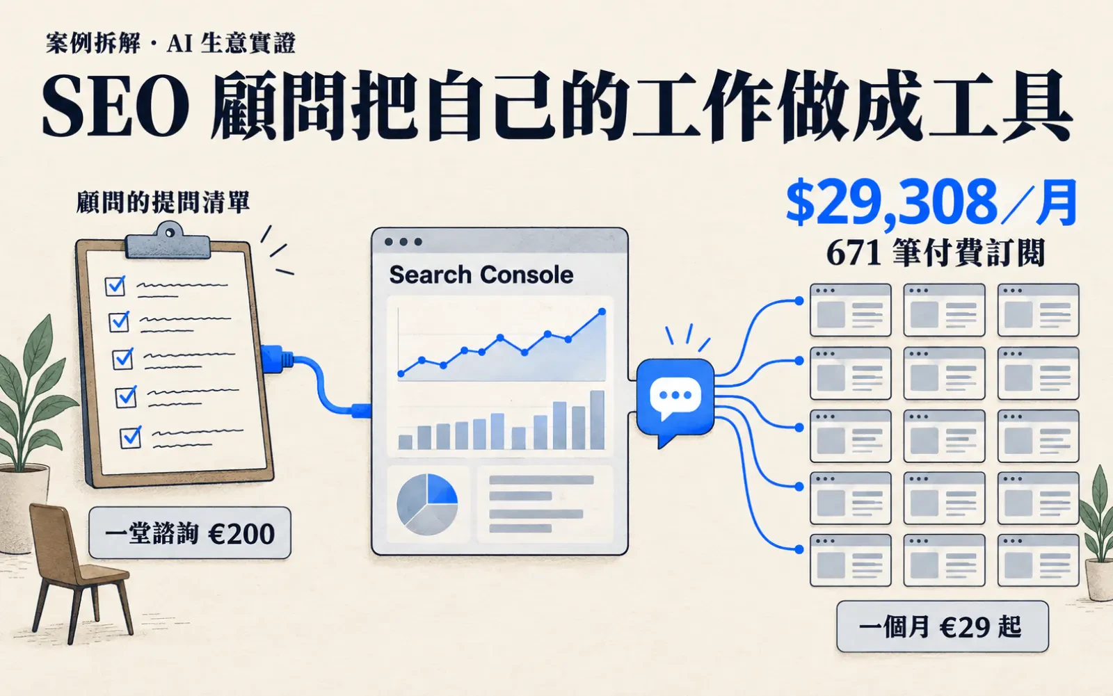 流程圖:左邊一張夾板筆記標「顧問的提問清單」,下方小卡「一堂諮詢 €200」與一張單人椅;中間夾板用藍色插頭線接進標著「Search Console」的抽象資料面板與對話泡泡;右邊分出許多細線連到一排排網站卡片,上方大字「$29,308/月」與「671 筆付費訂閱」,下方小卡「一個月 €29 起」。頂部標題「SEO 顧問把自己的工作做成工具」,左上角小字「案例拆解 · AI 生意實證」。