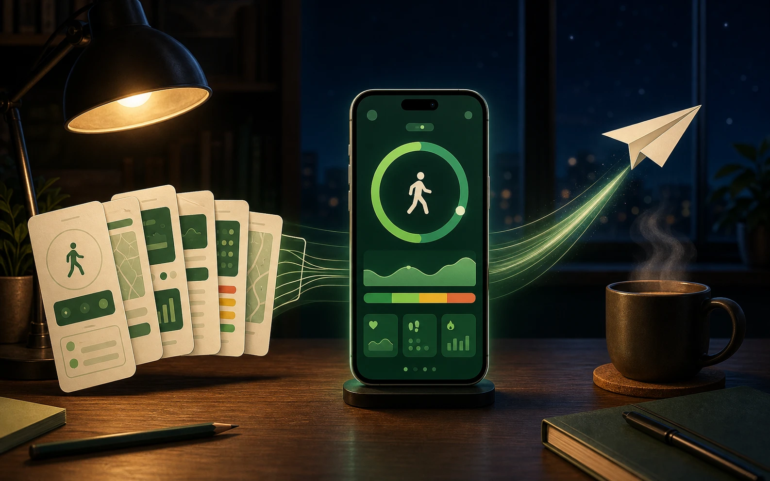深夜書桌上，一疊健走 app 設計稿卡片流進亮著綠色計時介面的手機，一架紙飛機從手機旁起飛，象徵設計稿一夜之間變成送審的 app