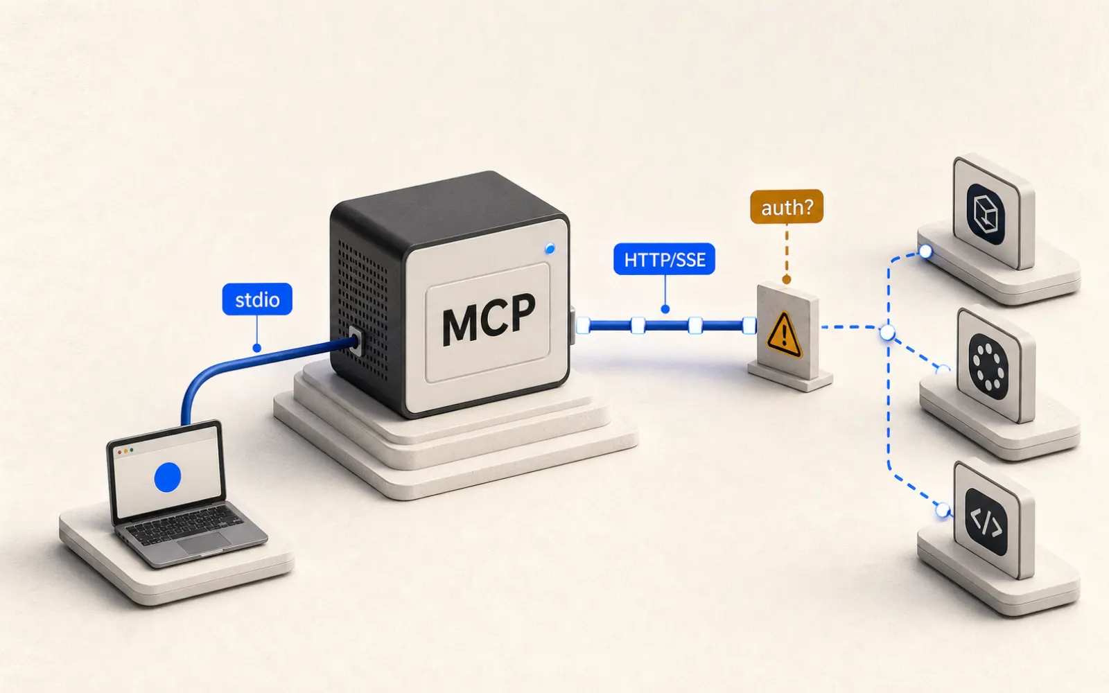 MCP server 方塊連接本地端（簡潔路徑）與遠端（auth 斷點標記）的編輯型插畫
