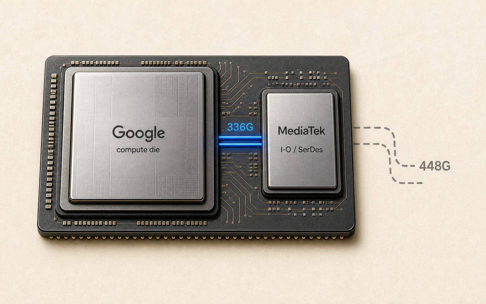 一顆 AI 加速器封裝置中，中央較大的運算晶粒標示 Google、旁邊較小的 I-O 晶粒標示 MediaTek，兩者以高速連線相接，旁以克制標籤對比 336G 與卡關的 448G
