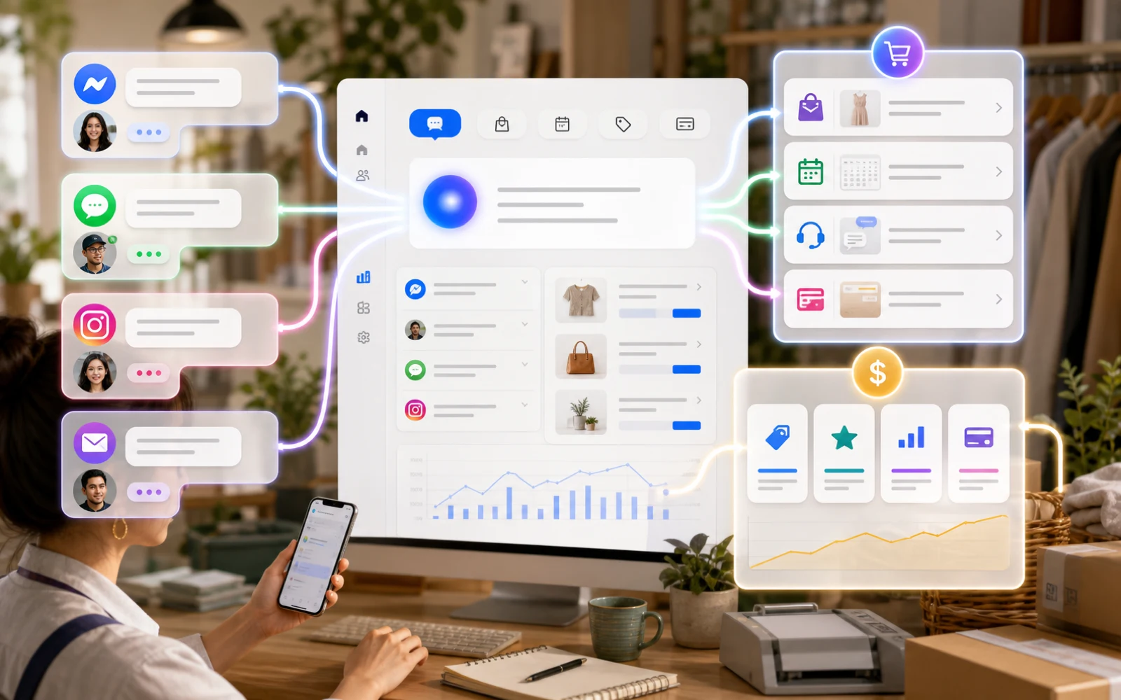 Meta messaging business inbox，左側是 Business AI 對話量，右側是 ad creative tools 和 paid? 標籤，背景有 capex pressure 圖形，呈現使用量與變現壓力。
