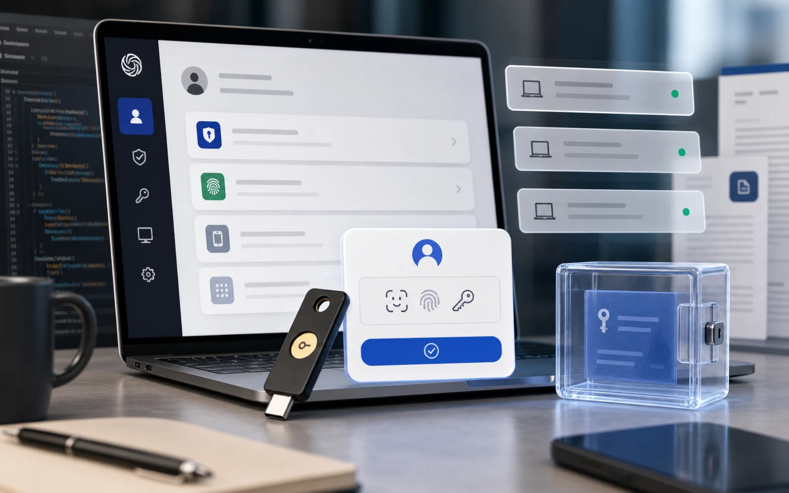一個 ChatGPT/Codex 帳號安全面板，中心是 passkey/security key、recovery key、active sessions 與 model training toggle；背景是文件與程式碼脈絡，呈現 AI 帳號已變成工作入口。