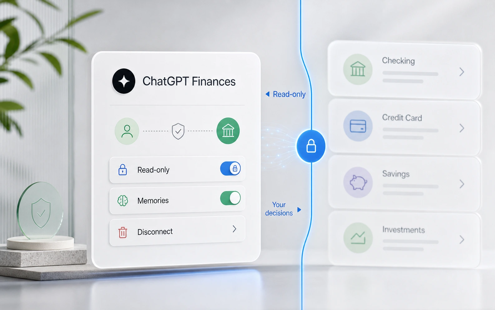 ChatGPT 金融權限面板、帳戶卡片、memory toggle 與 read-only 邊界的編輯型示意圖