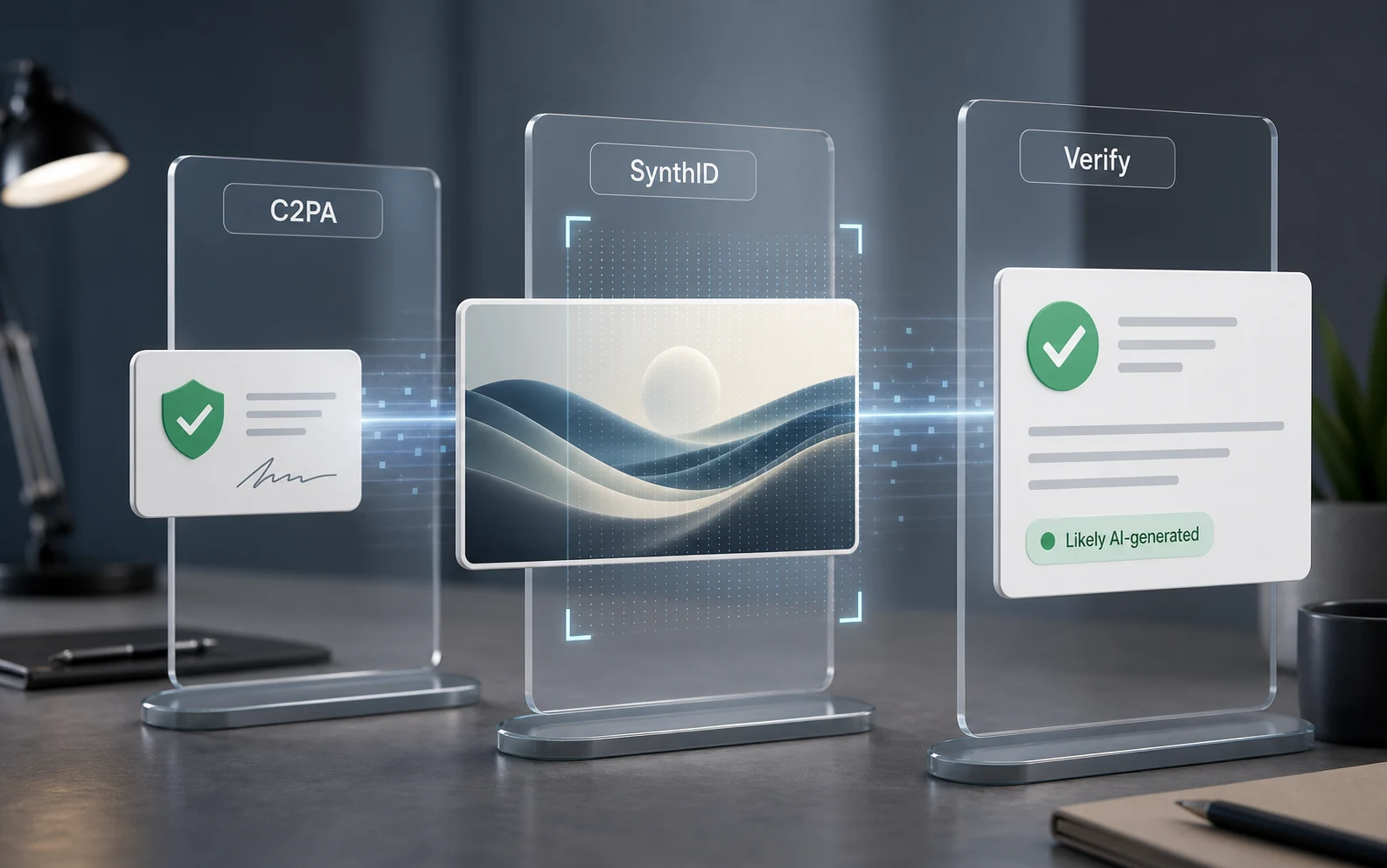 一張圖片卡片通過 C2PA、SynthID 與 Verify 三層來源查核流程的編輯型插畫