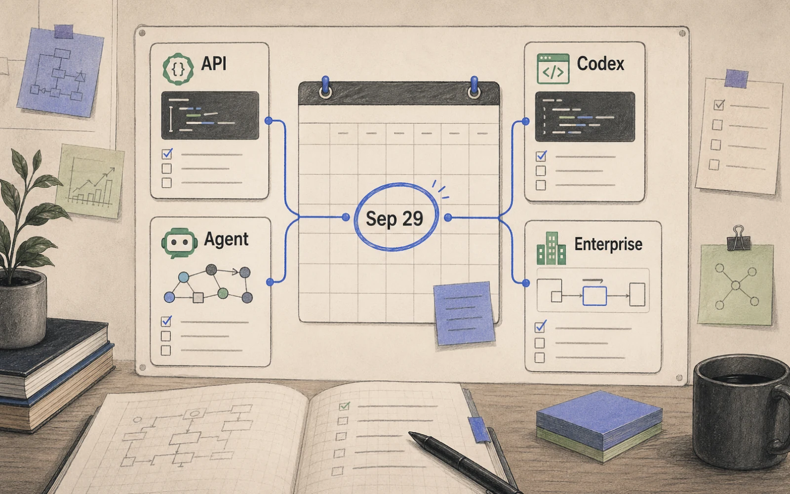 開發者日曆板上圈起 9 月 29 日，旁邊連到 API、Codex、Agent runtime 和企業工作流卡片