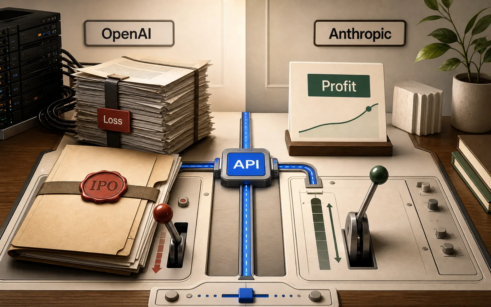 概念化編輯插圖：左側 OpenAI 工作檯放著密封的 IPO 申請文件與沉重的算力帳單，右側 Anthropic 工作檯放著首次獲利里程碑卡，中間以 Signal Blue 的 API 決策軌道相連