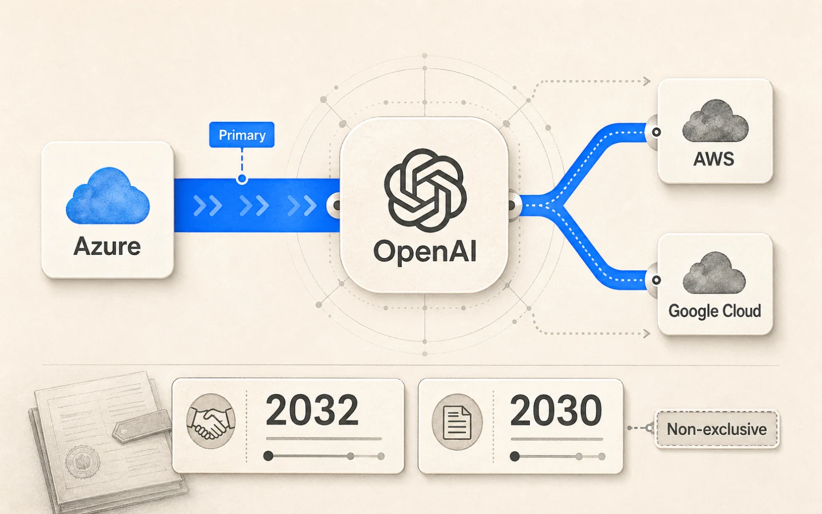 OpenAI 模型節點從 Azure 主通道分流到其他雲端入口，旁邊有企業採購比較面板